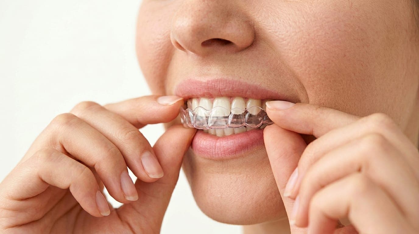 Woman putting in Invisalign clear aligner at North Salinas Dental