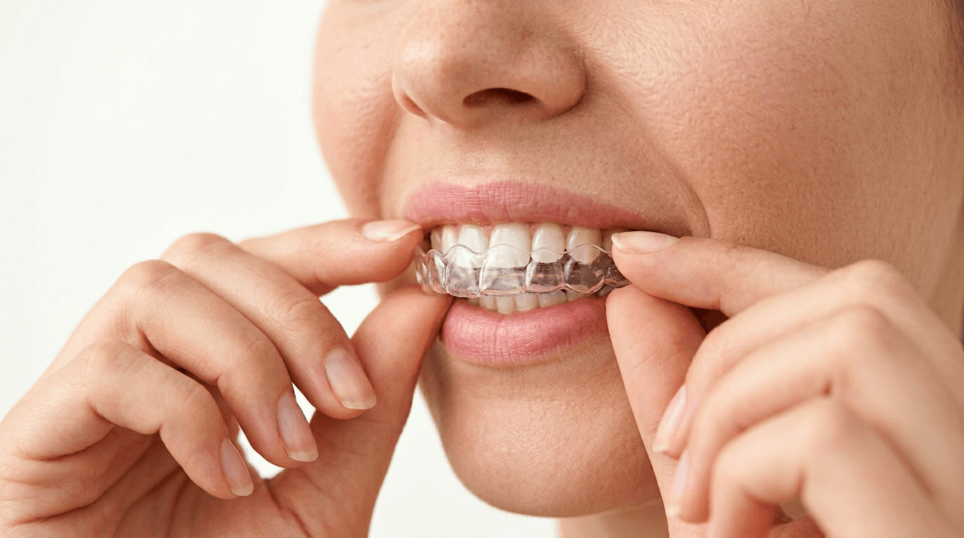 Woman putting in Invisalign clear aligner at North Salinas Dental